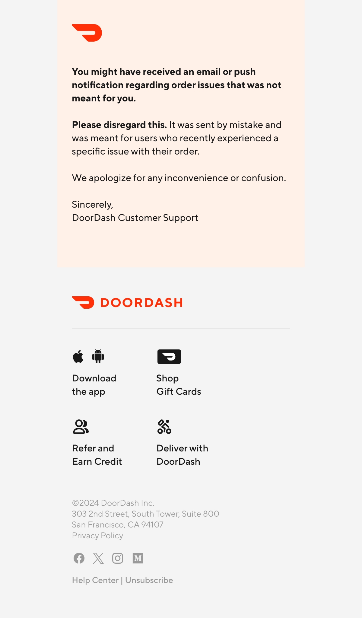 DoorDash oops email