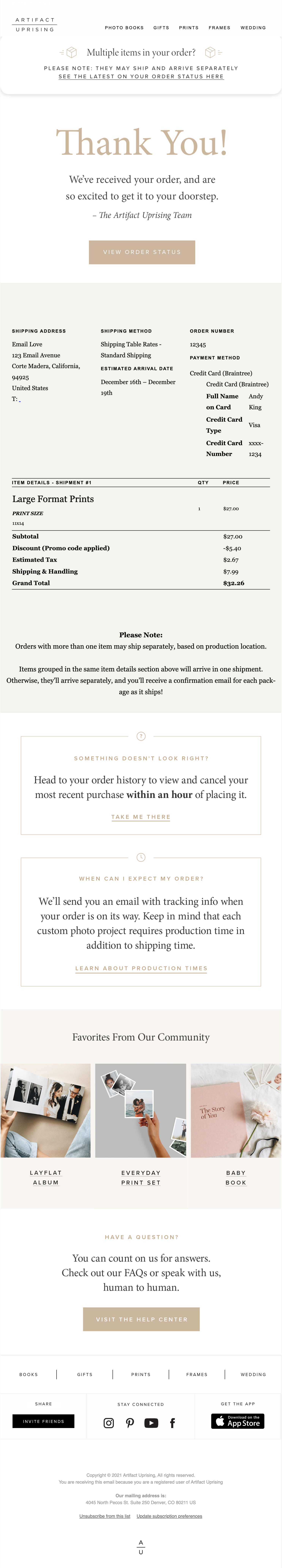 Artifact Uprising post-purchase email