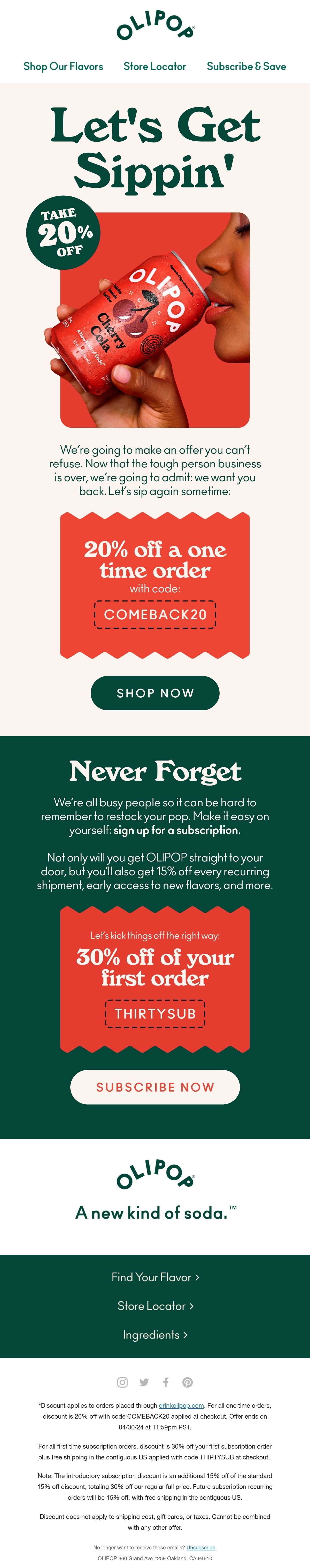 Olipop re-engagement email