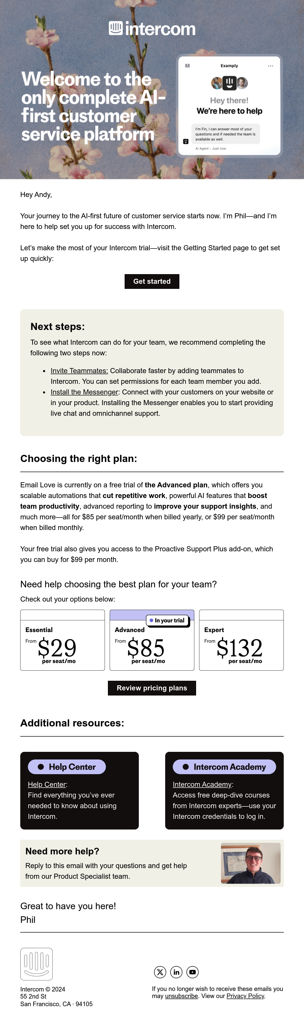Phil from Intercom onboarding email