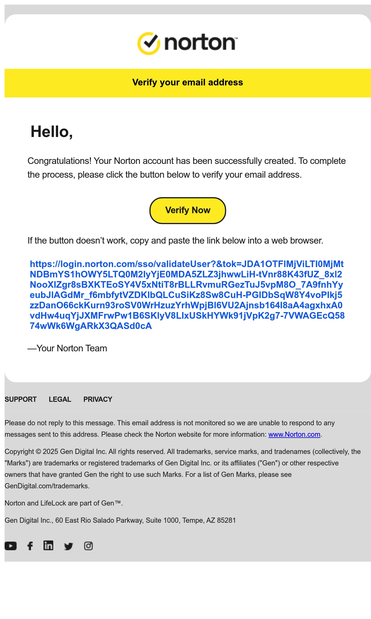 Norton verification email