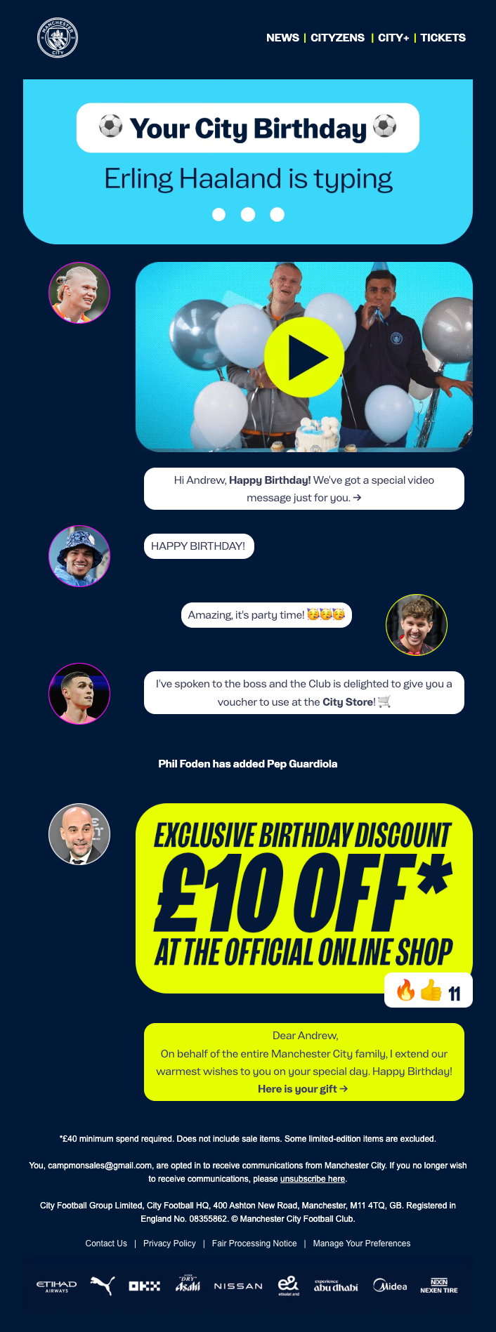 Man City birthday email