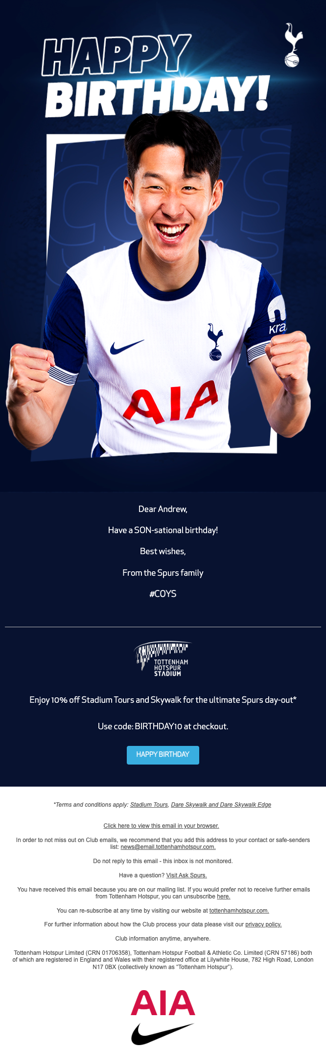 Tottenham Hotspur birthday email