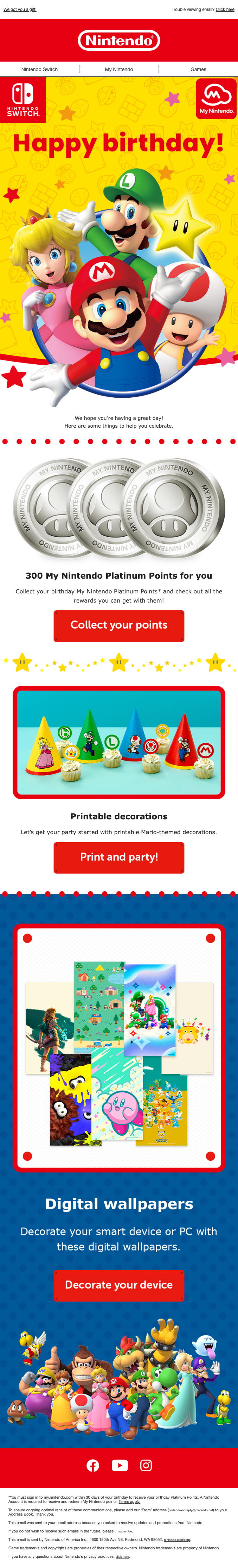 Nintendo birthday email