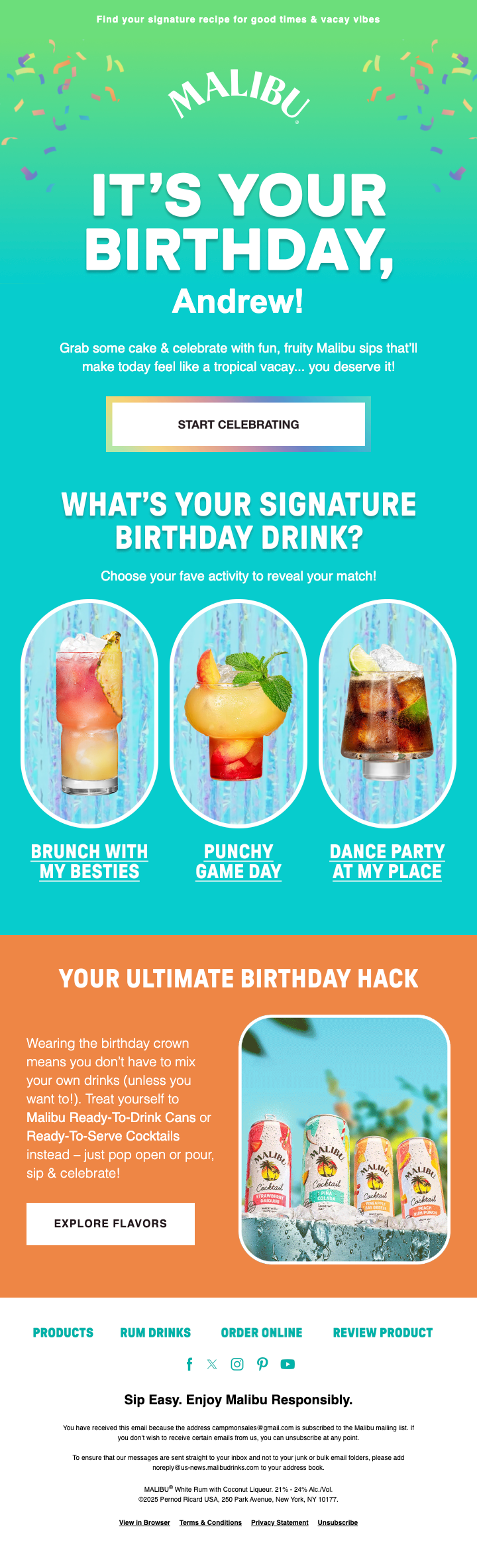 Malibu birthday email