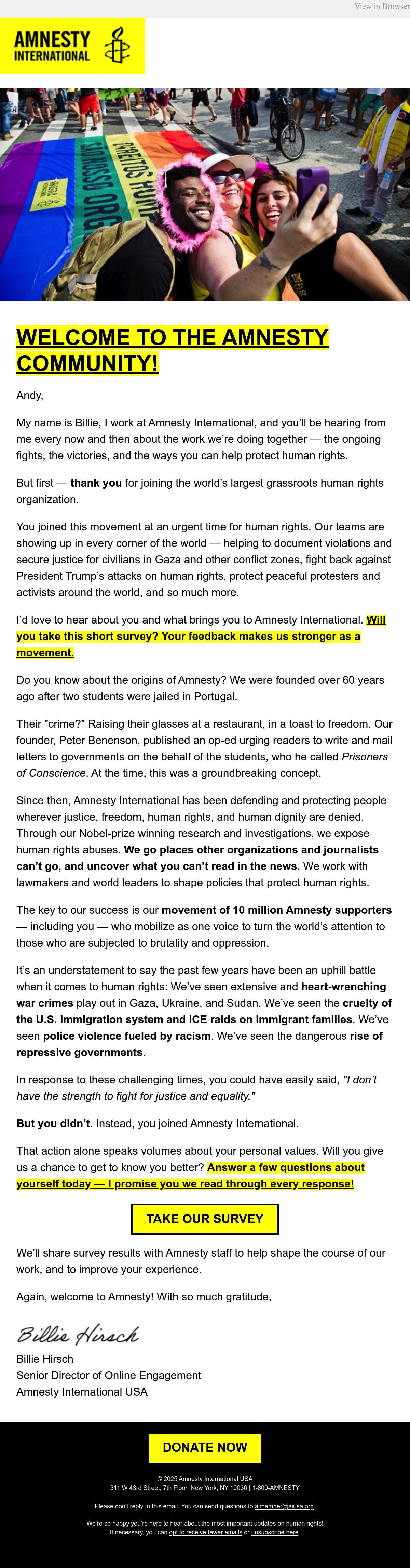 Billie for Amnesty nonprofit email