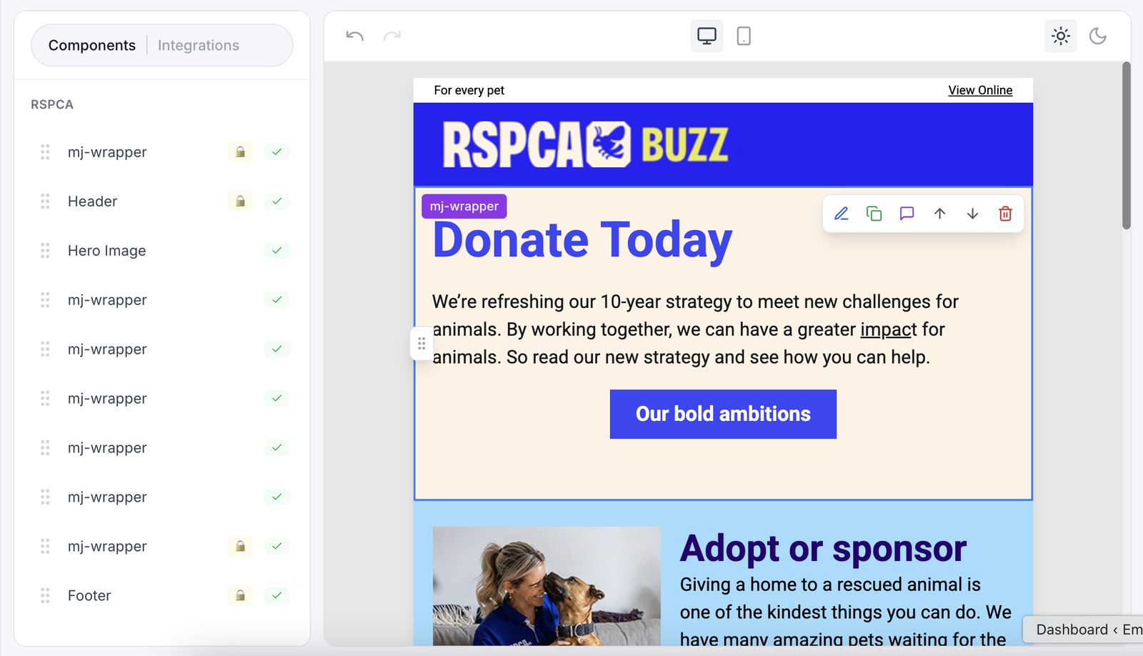 The Email Love Builder editor