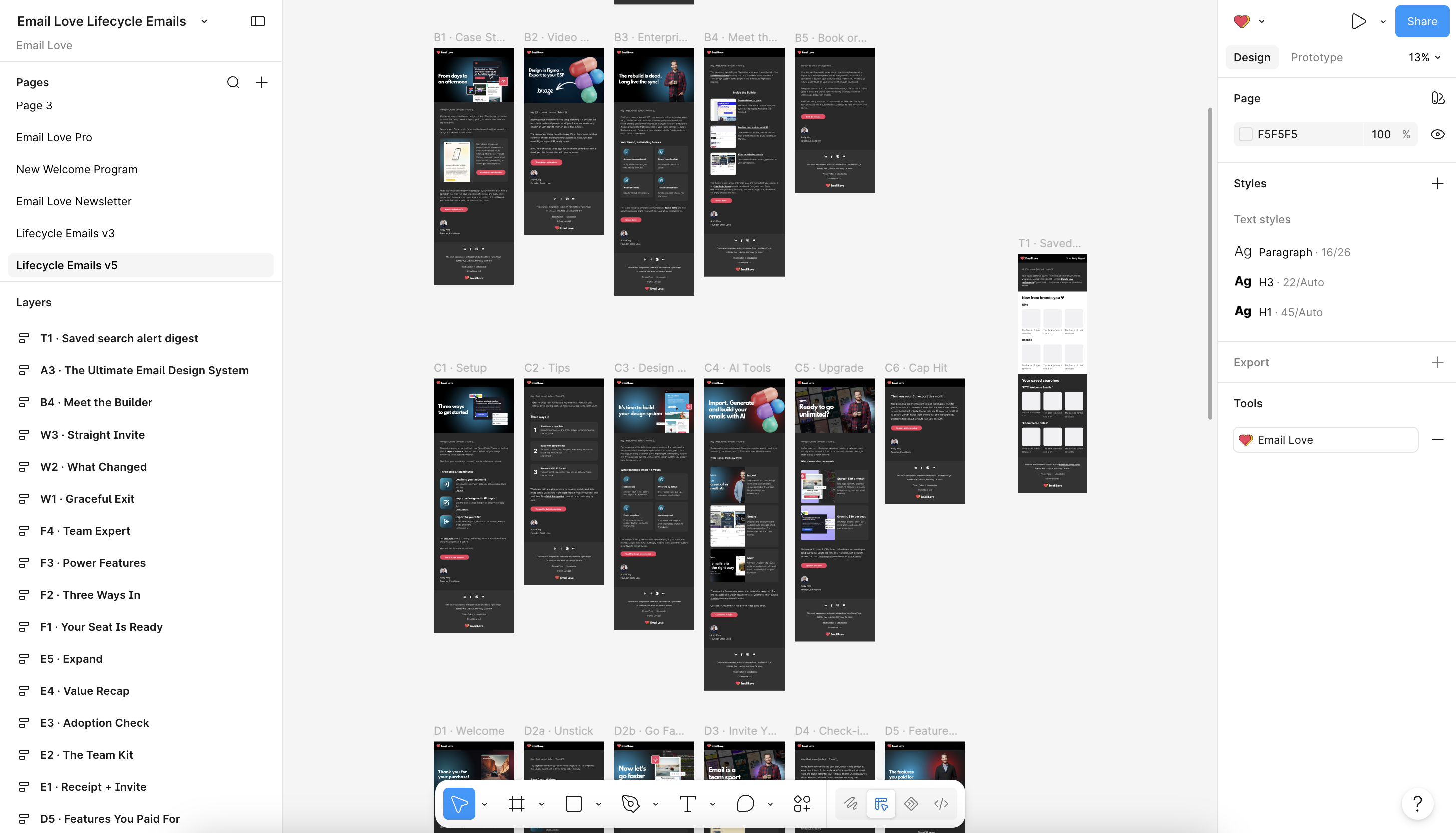 Board of 37 lifecycle marketing emails built by an AI agent in Figma using Email Love design system components