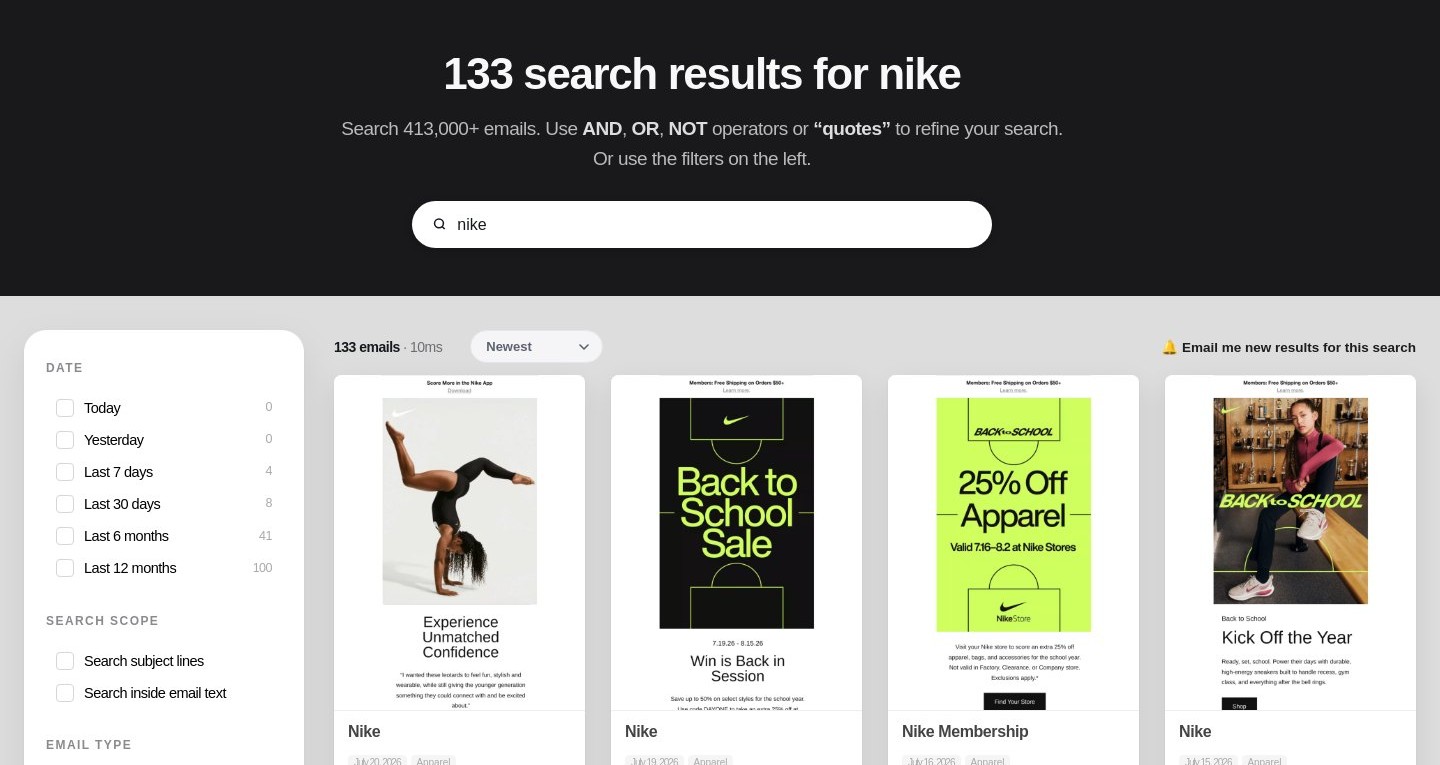 Email Love search results for Nike with the new filter rail: date ranges, search scope, email type, holidays, tags, and tech stack
