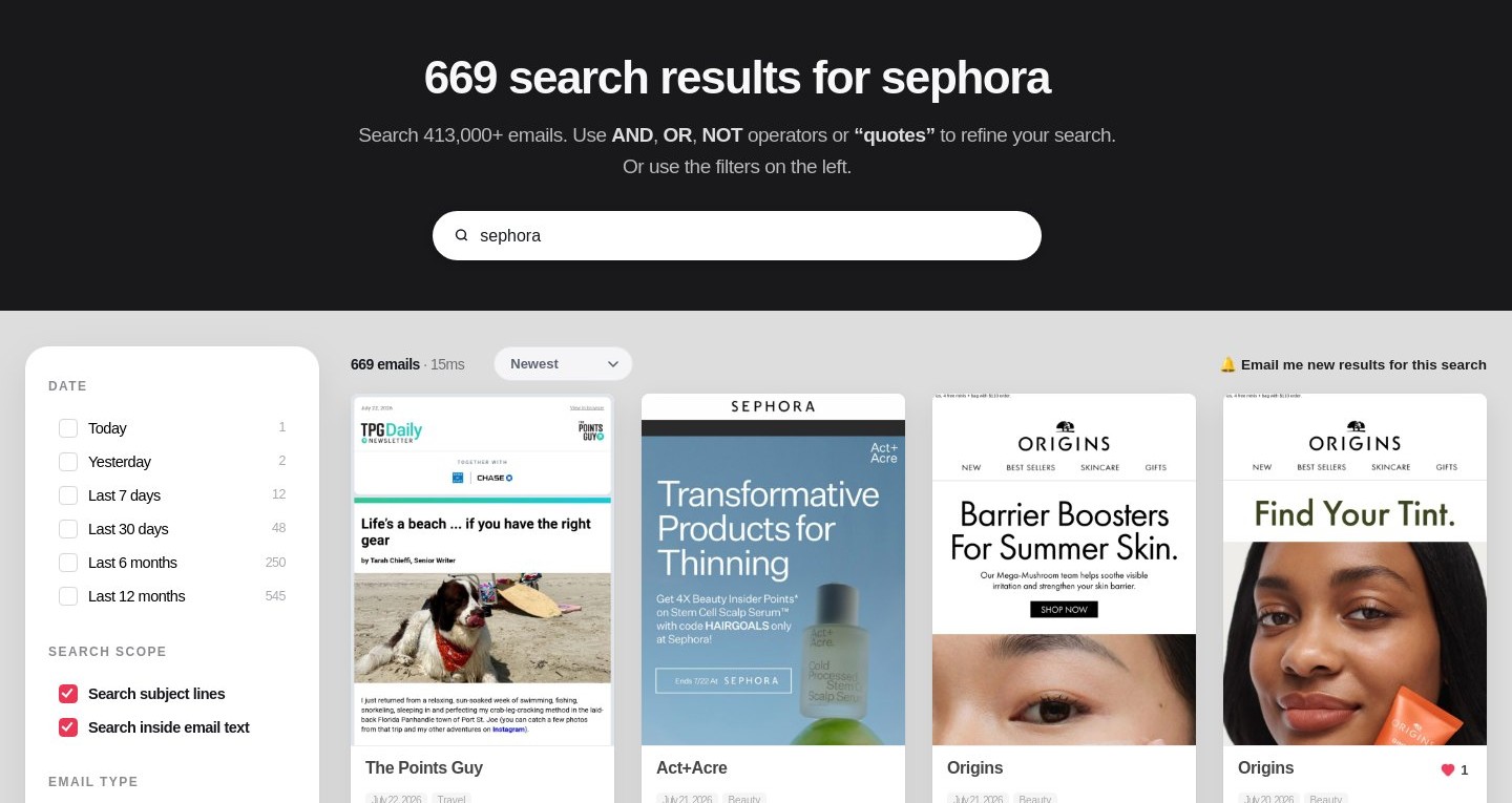 Search scope checkboxes ticked, expanding a Sephora search from brand emails to subject line and body text matches