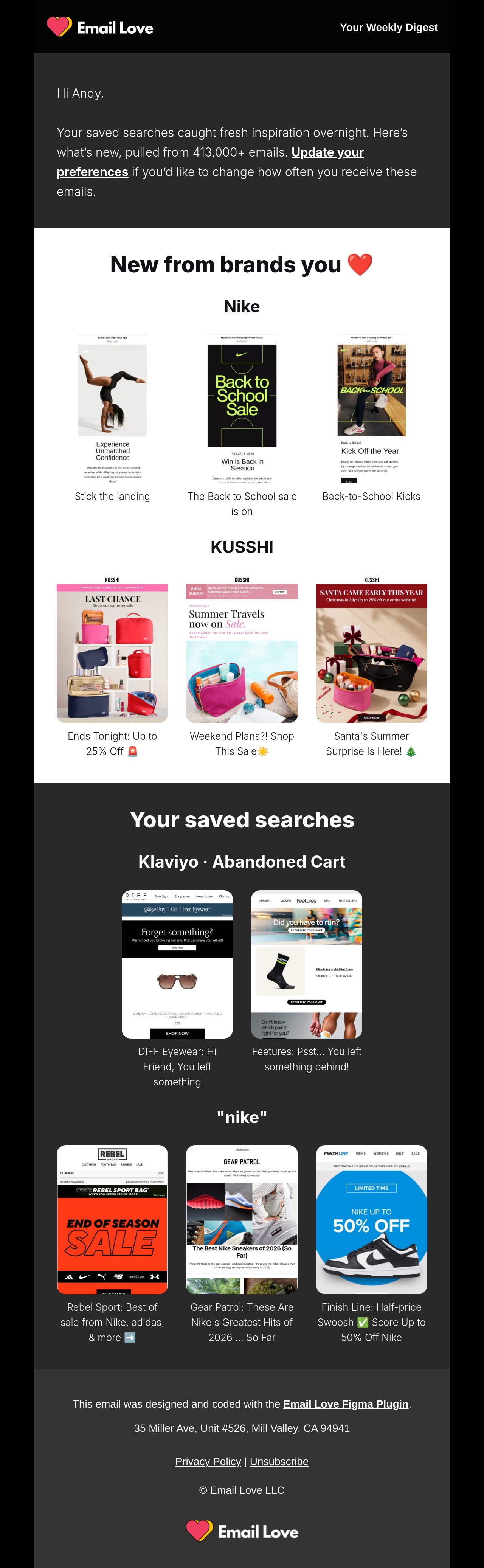 The Email Love weekly digest email showing new emails from followed brands Nike and KUSSHI plus saved search results in a card grid