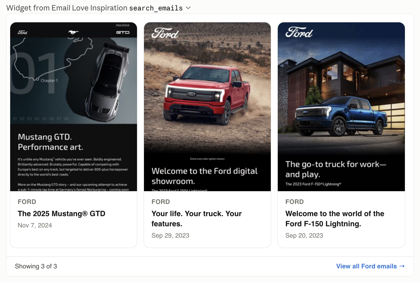 The Email Love Inspiration MCP returning only three Ford email examples on the first pull