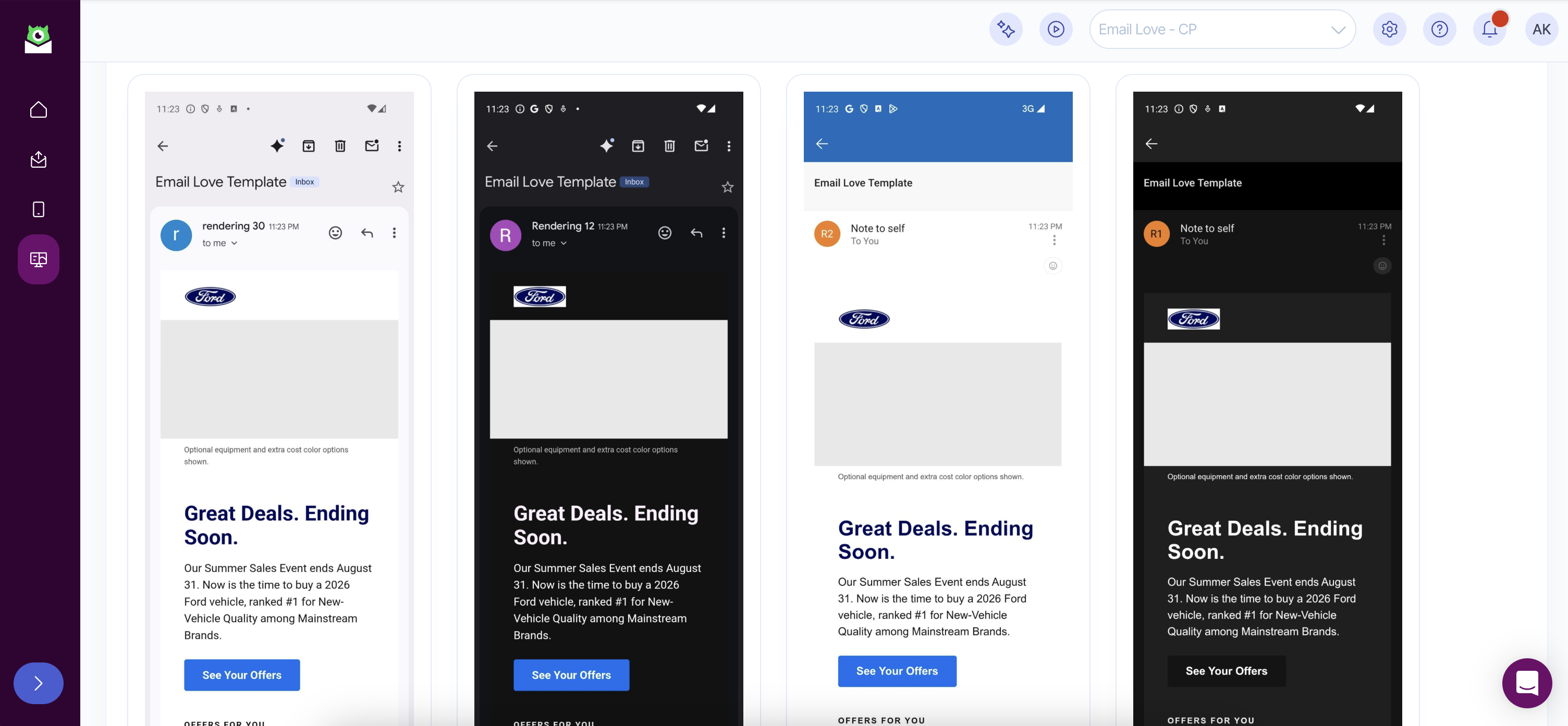Inbox Monster previews of the Ford email across four mobile clients, showing the hero, headline and CTA button rendering consistently