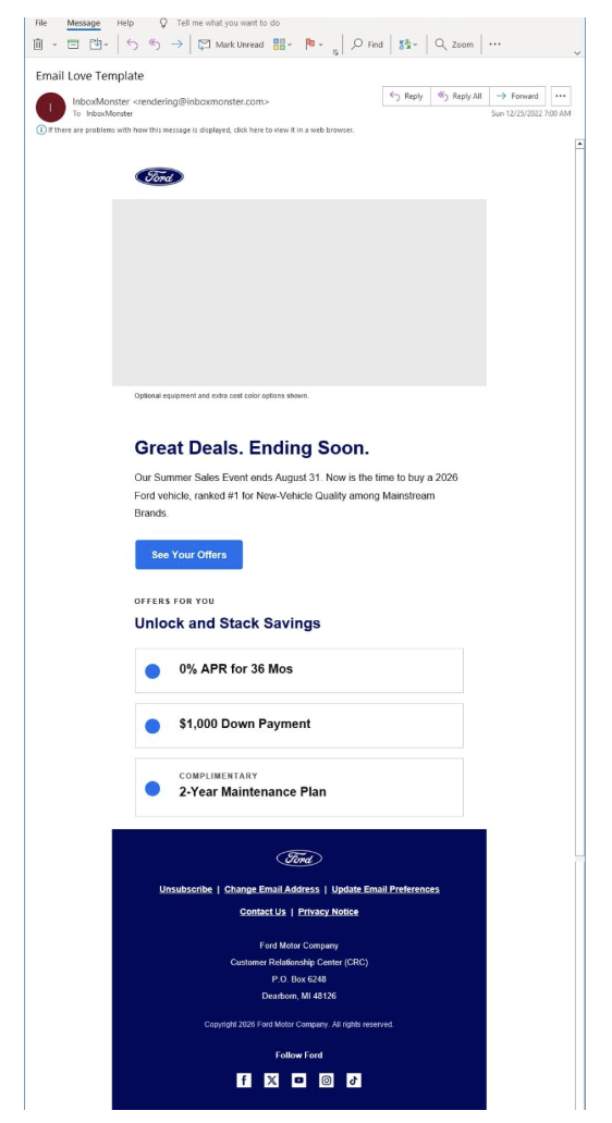 The Ford email rendering in Outlook 2021 on Windows, showing the header, hero, offer list, and footer intact