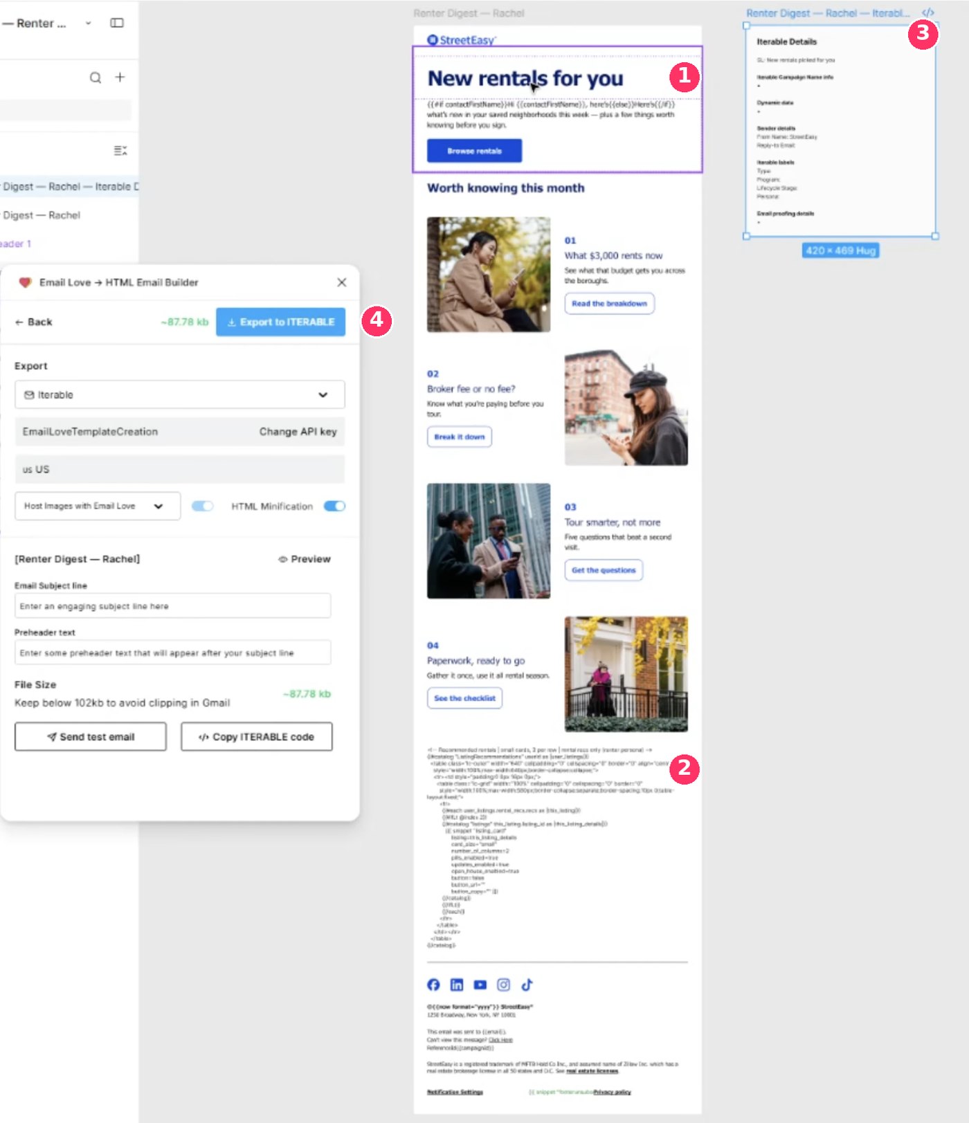 StreetEasy renter digest email in Figma, with the Email Love plugin exporting it to Iterable and the Iterable details frame beside it